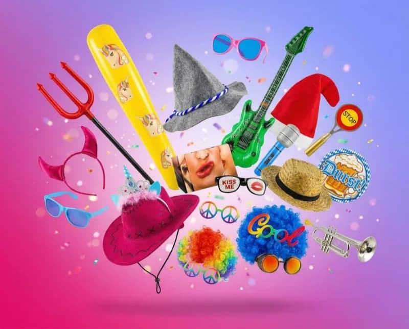 Fotobox Accessoires und Party-Zubehör: Brillen, Perücken, Hüte, aufblasbare Requisiten und mehr – alles inklusive bei jeder fexobox Fotobox-Miete