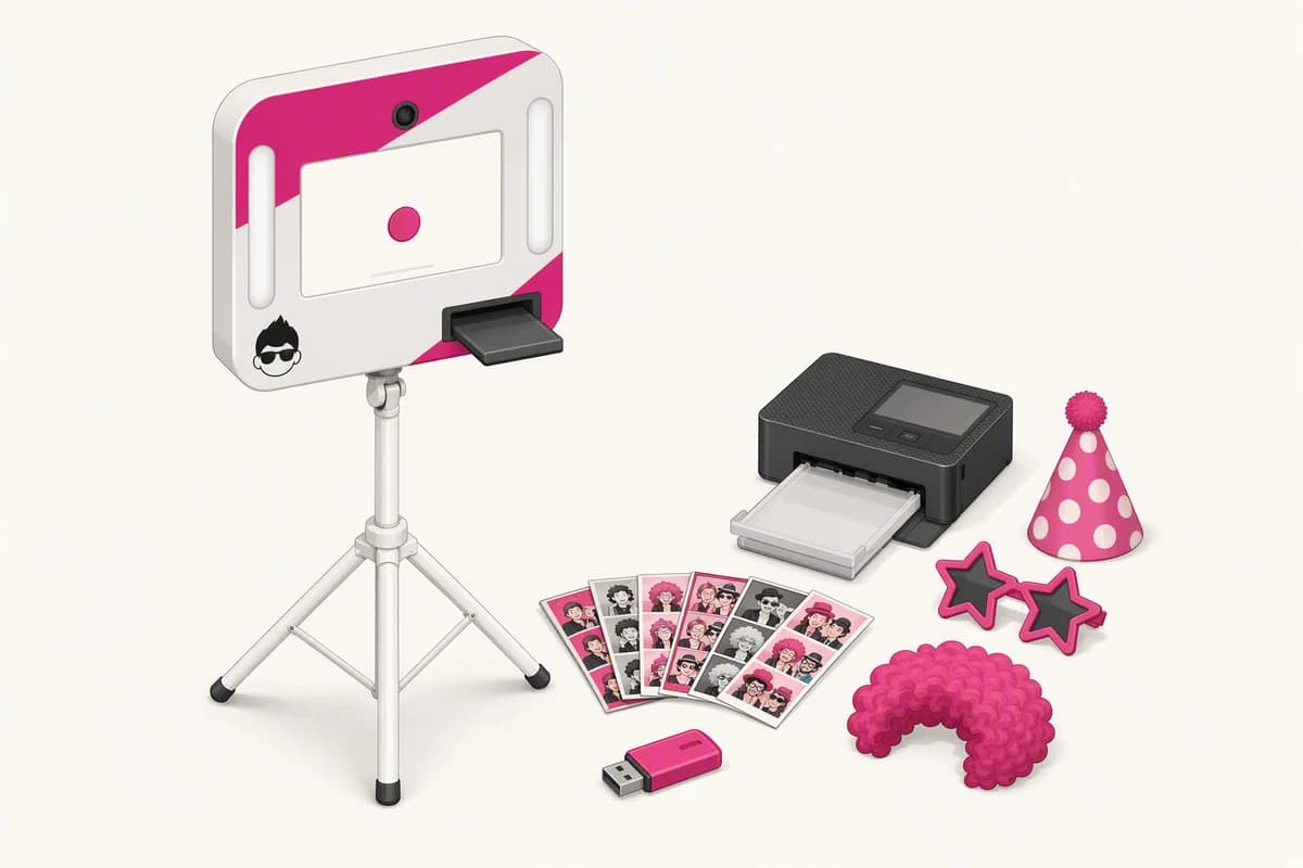 Illustration des Basic-Pakets: fexobox auf Stativ mit Drucker, Fotostreifen, Verkleidungszubehör und USB-Stick